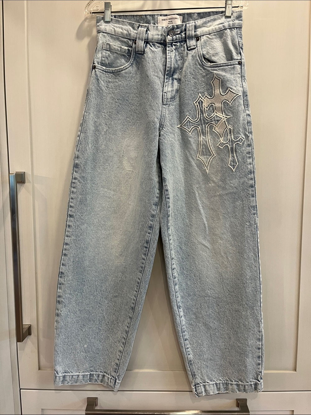 North Western Skater Light Blue Barrel Leg Jeans with Cross Embroidery
